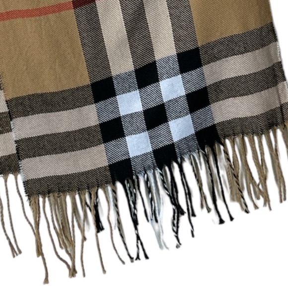 Tartan Plaid Scarf with fringe oblong 100% acrylic. tan white black 70 X 13 new - Picture 7 of 11